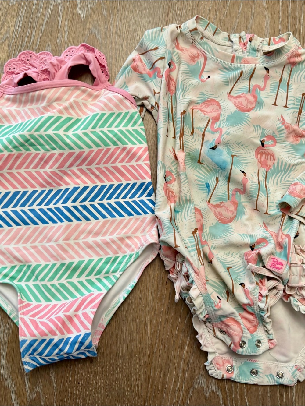 Ruffle Butts Pink Flamingo and TBBC Pastel Stripe Girls One-Piece Set